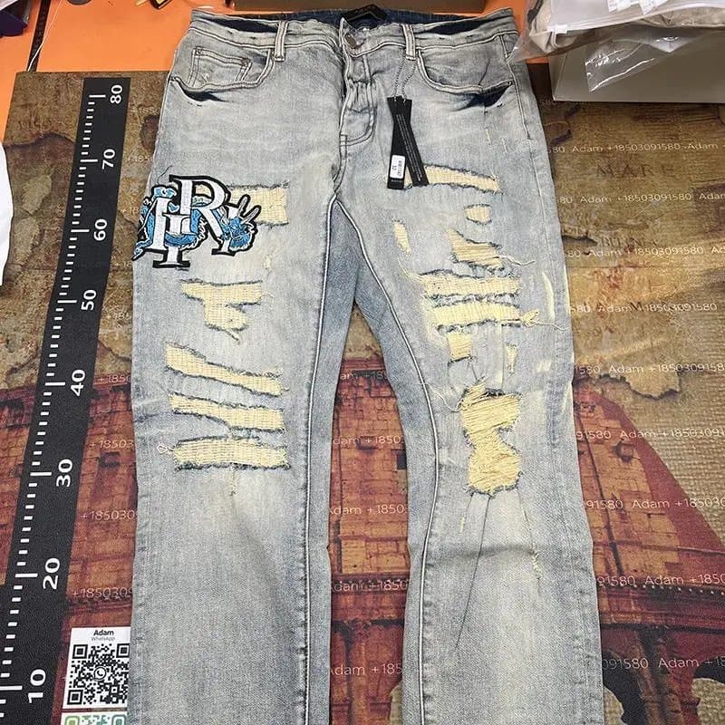 Raf Simons Distressed Slim Fit Jeans with Embroidered Patch Blue