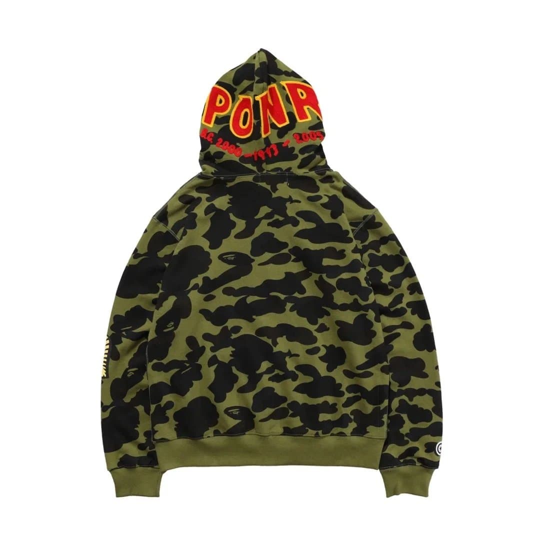 A Bathing Ape Camo Hoodie with Embroidered 'PONP' Logo