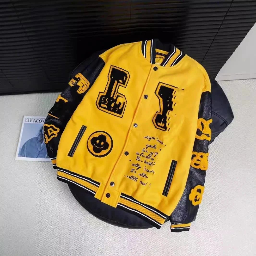 Yellow and Black Letterman Jacket with Embroidered Design Yellow
