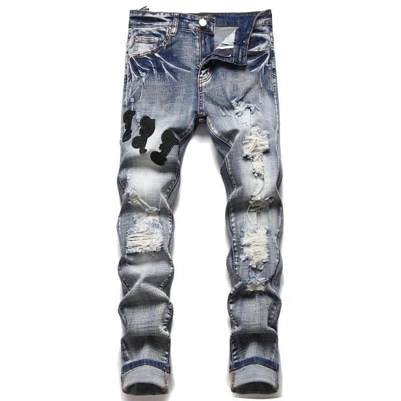 Distressed Denim Jeans with Black Embroidery Blue