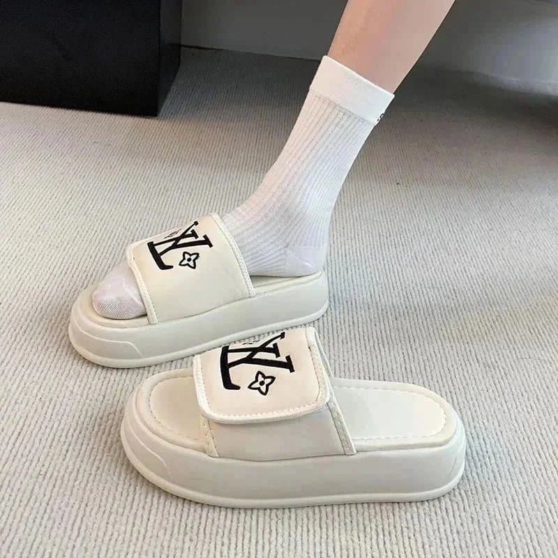 Louis Vuitton Louis Vuitton LV Logo Embroidered Platform Slides White